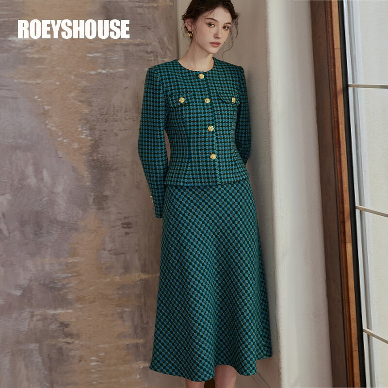roeyshouse罗衣复古格子西装套装女早春新款修身上衣半身裙两件套