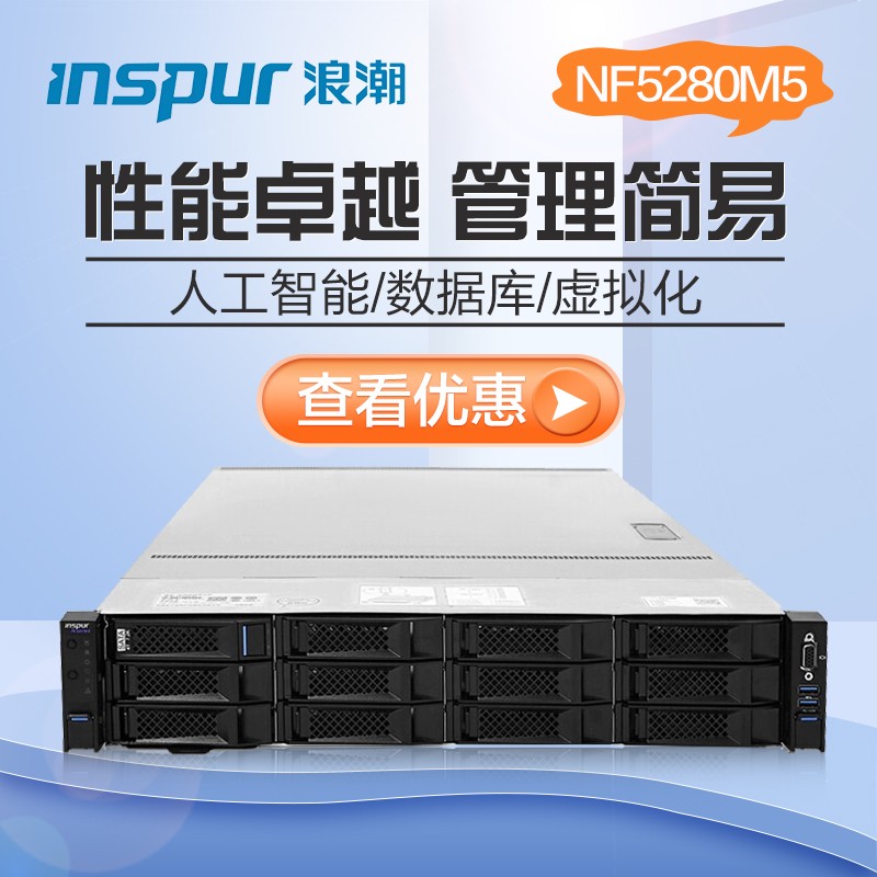 浪潮（INSPUR）英信NF5280M5服务器数据库虚拟化深度学习云计算文件存储GPU加速电脑整机 NF5280M5 2颗4214R 24核48线程 64G/5块1.2T SAS硬盘/ PM8204