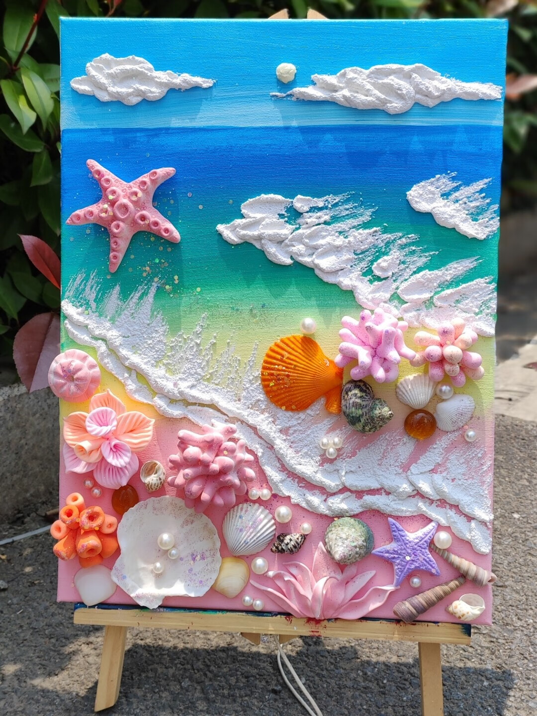 海滩贝壳大海石英砂丙烯沙滩肌理画 手工diy材料包生日礼物暑期画