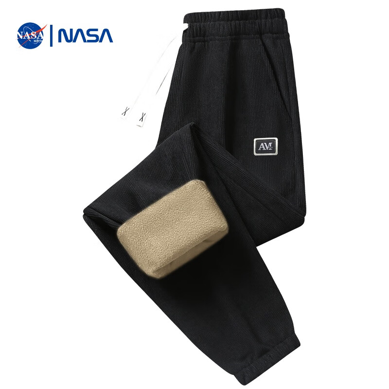 NASAMITOO青年学生束脚卫裤男冬季加绒加厚羊羔绒长裤子宽松男士灯芯绒运 黑色 4XL