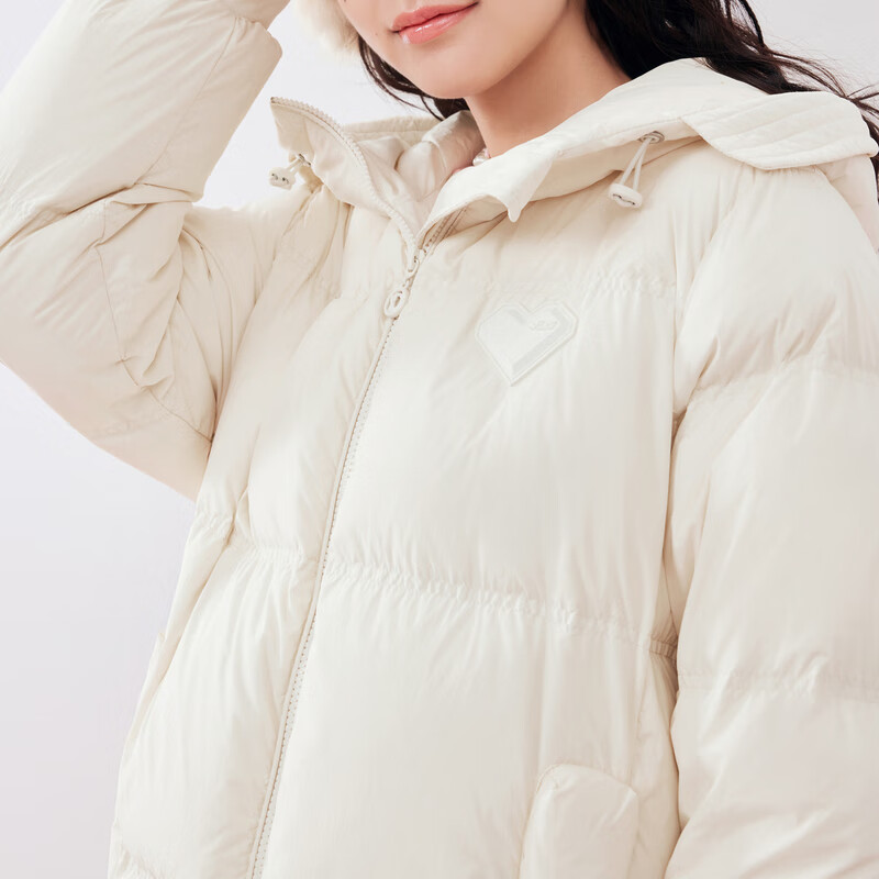 乐町泡芙羽绒服女长款冬季90白鸭绒甜美少女风爱心保暖外套 米白(现货) M