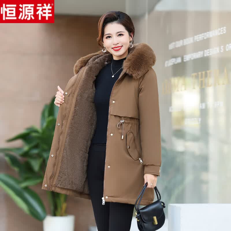 恒源祥中老年女羽绒棉服中长款2023新款派克服妈妈冬装棉衣加绒加厚外套 咖色 L 105-120斤怎么看?