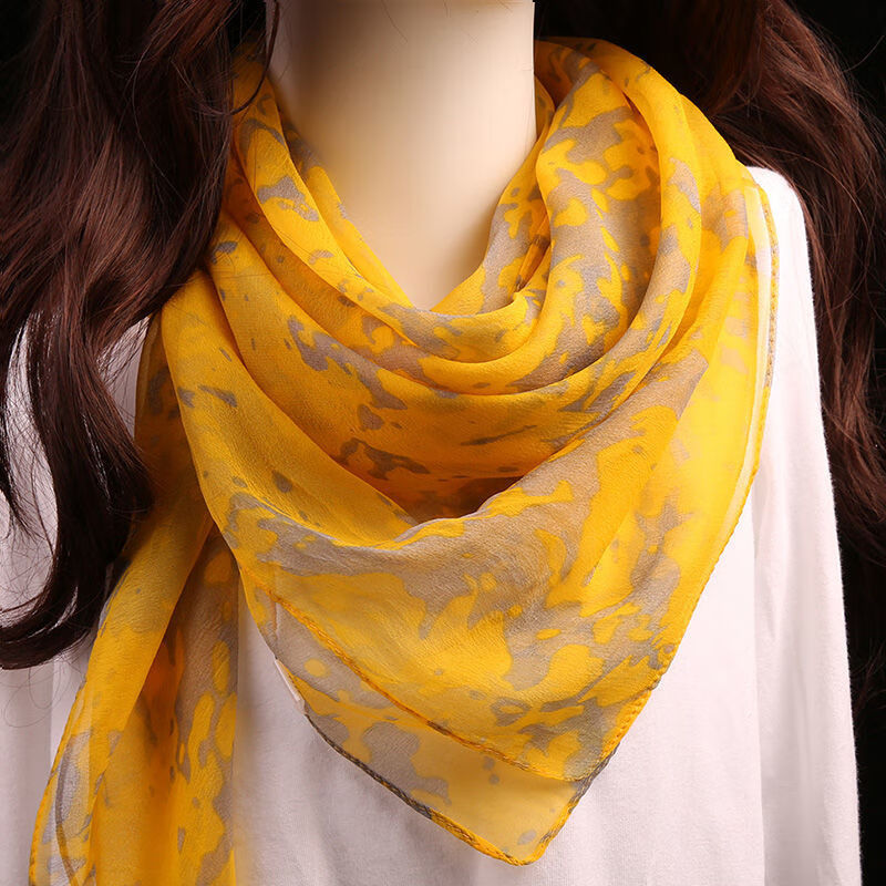 秋曾方巾丝巾装饰春秋围巾女薄款丝巾围脖护颈洋气纱巾 水墨娇黄色