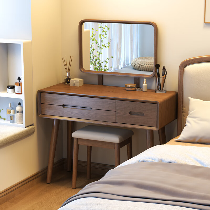 乐系（LEXI） 实木梳妆台卧室网红轻奢现代简约化妆台胡桃色小户型梳妆桌带镜子欧式ins风 100-桌子+镜子+凳子-胡桃色