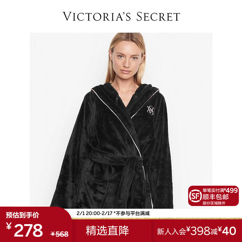维多利亚的秘密  柔软舒适温暖系带秋冬加厚毛绒睡袍浴袍女居家睡衣 54A2黑色-短款 XS/S
