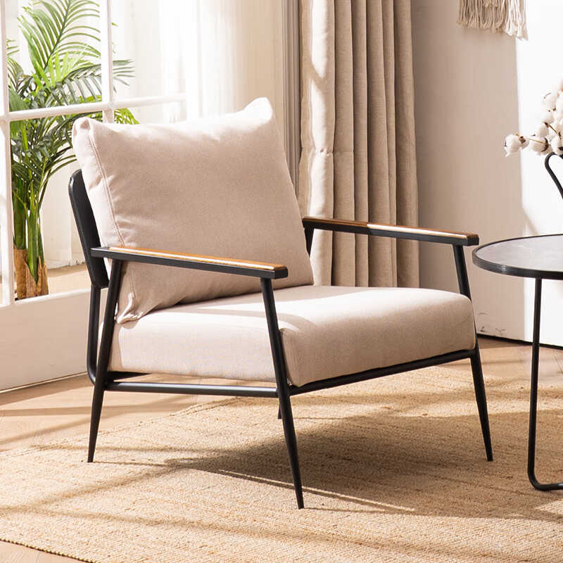 姚先森现代意式极简休闲椅铁艺设计师单人沙发轻奢客厅阳台北欧老虎椅子 棉麻-米白色