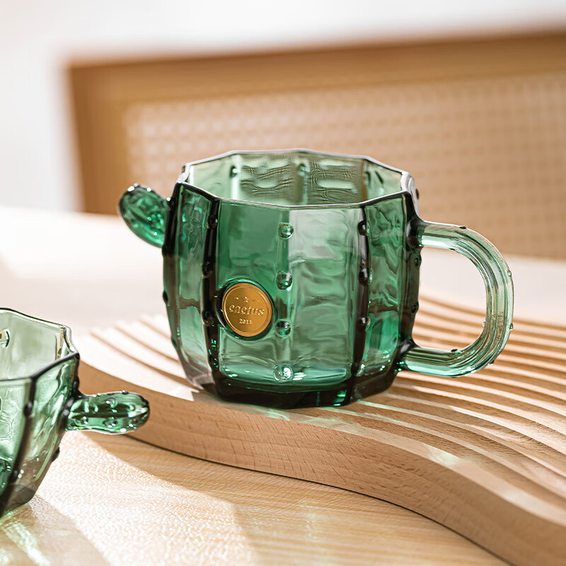 乐唯诗（LOVWISH）墨绿仙人掌甜品碗带把玻璃杯早餐杯轻奢高颜值玻璃水杯儿童奶碗杯 仙人掌水杯【墨绿色】275ml1只