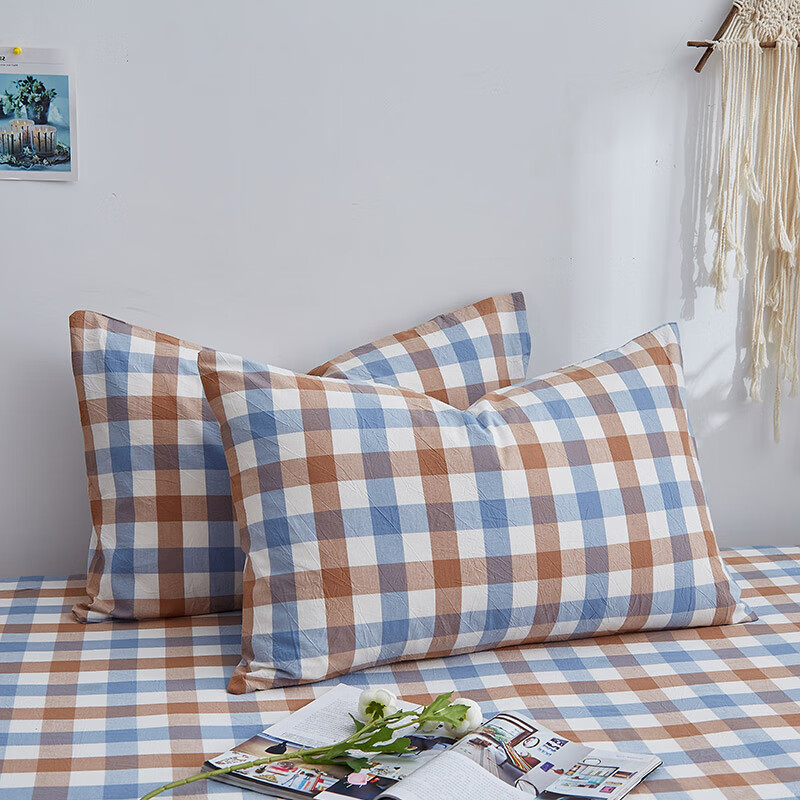 mujia蕪印良品新款全棉色织水洗棉简约格子枕套枕头套夏季一对装 水洗