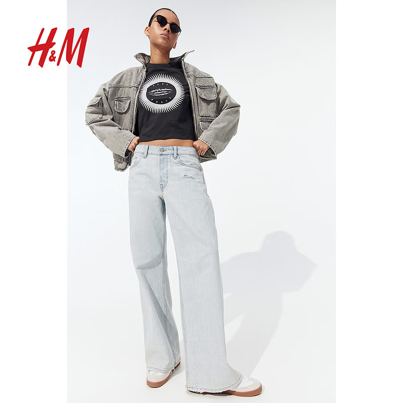 H&M女装T恤2024夏季新款柔软舒适印花图案修身辣妹短上衣1207443 黑色/Spiritualized 165/96 M