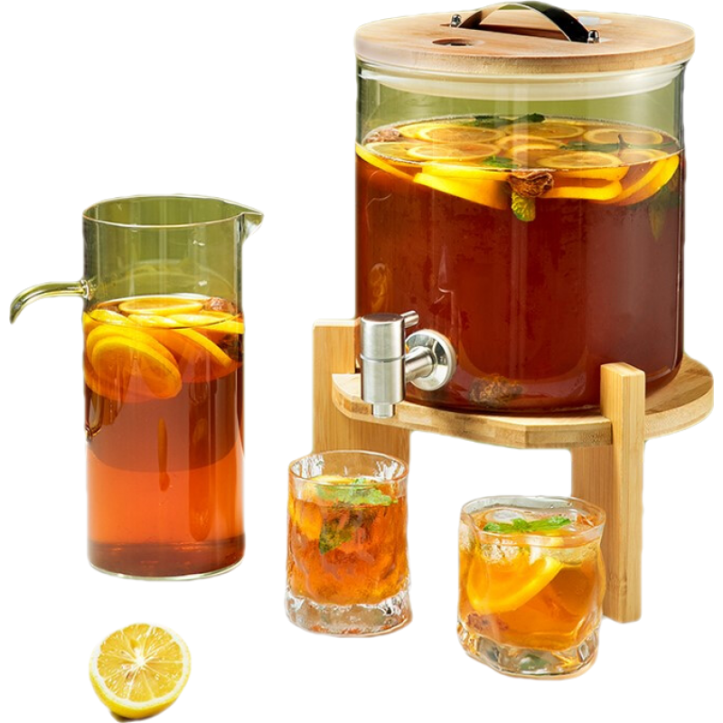 耐熱玻璃涼水壺帶龍頭飲料桶商用自助可樂桶容器檸檬茶果汁罐大容量家用花茶壺飲料水果汁壺 10L-帶底座