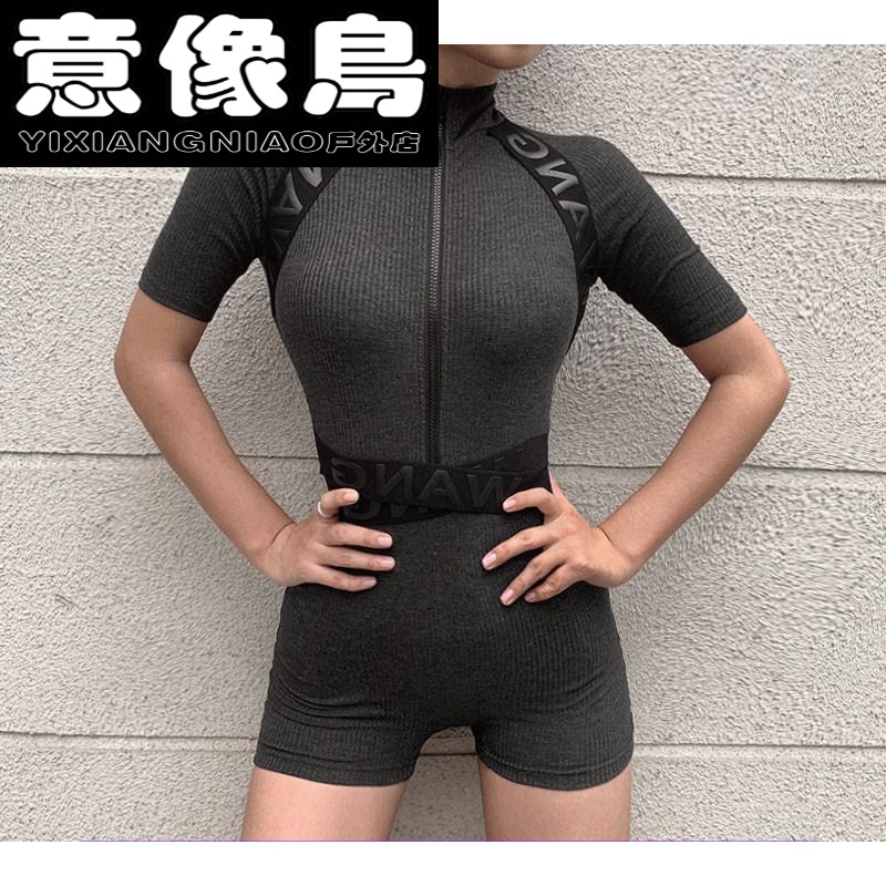 女士健身房运动紧身衣服内衣短套装ins性感七分袖欧美风夏季健身上衣