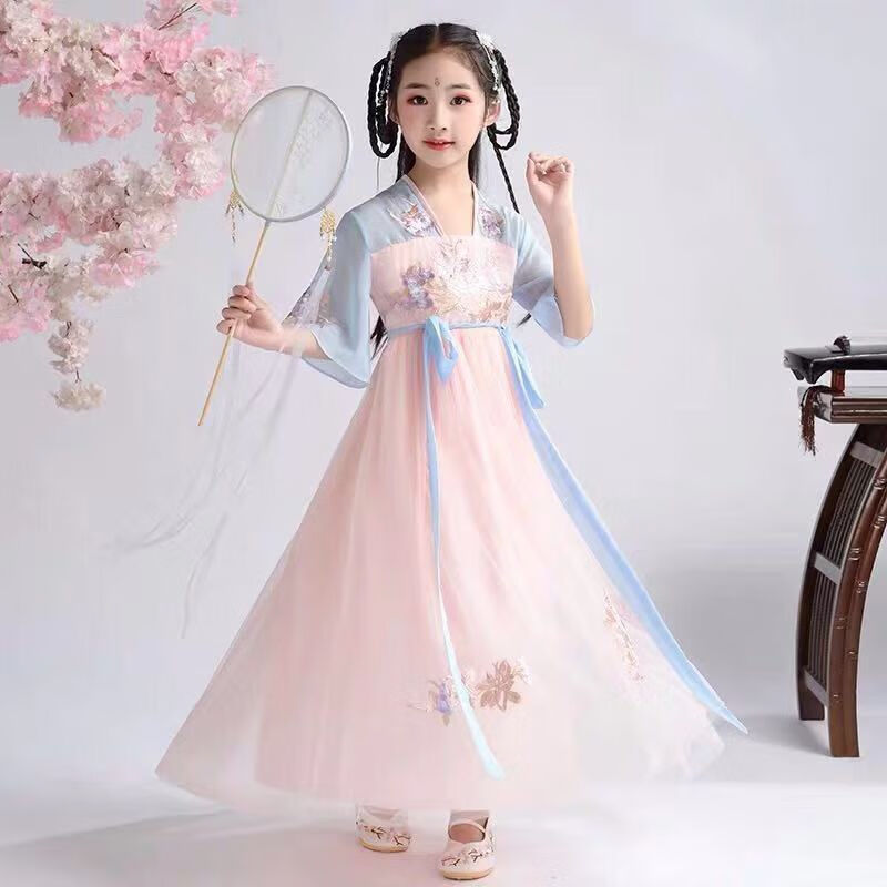 穿的汉服女童夏装襦裙唐装儿童亲子装中国风古装超仙小女孩雪纺连衣裙