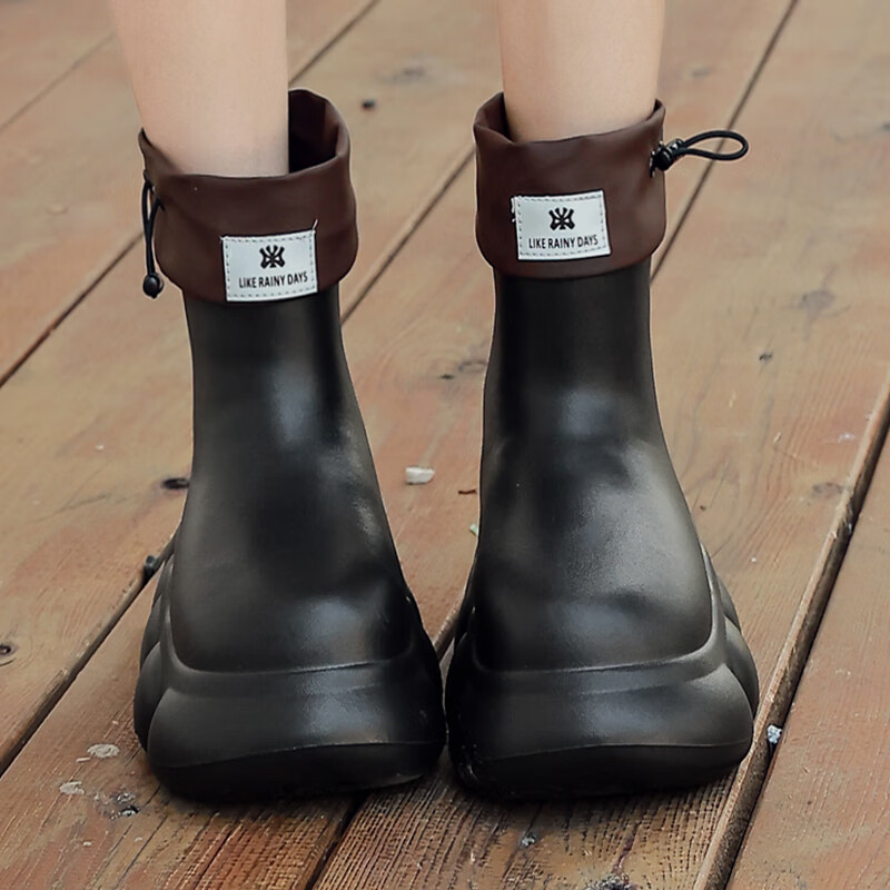 DG&DU洋气雨鞋时尚外穿女款新款中筒雨靴加绒保暖学生水鞋厨房防滑胶鞋 防水口款-黑色（标准码数） 38/39
