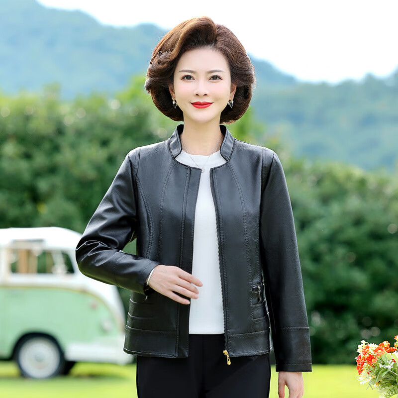 balitomms中老年皮衣外套短款春秋女士新款皮夹克黑色岁洋气妈妈装上