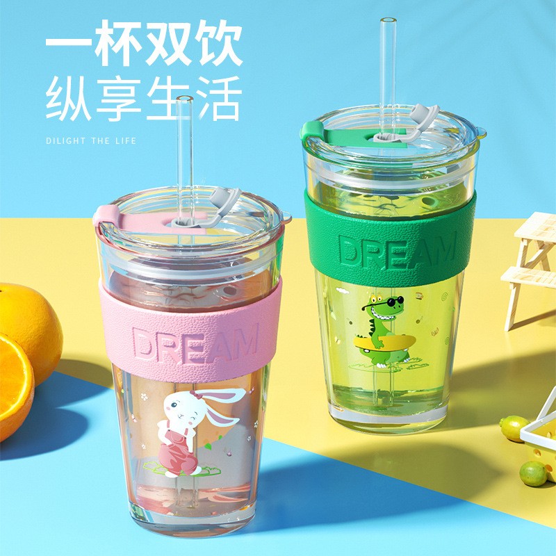 逗趣家 高颜值吸管玻璃杯单层大容量玻璃水杯女杯子带盖成人耐热牛奶