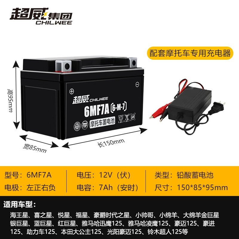 超威（CHILWEE）摩托車(chē)電瓶12v7ah125助力車(chē)鬼火迅鷹海王星踏板車(chē)電池YTX7A-BS 超威6MF7A+充電器