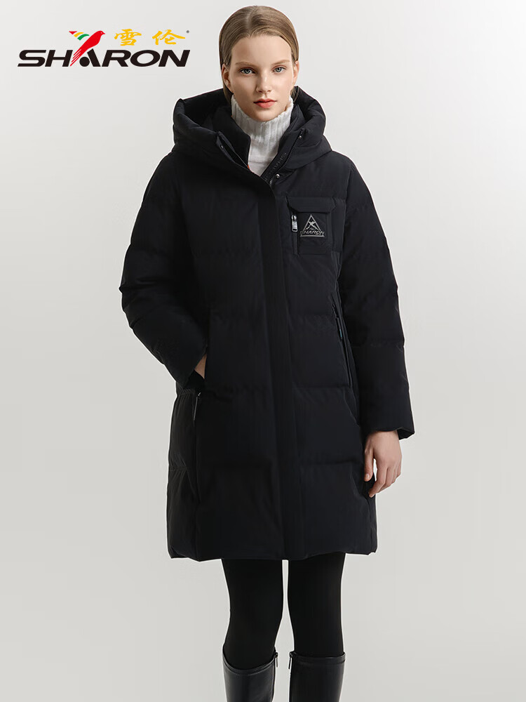 雪伦反季羽绒服女中长款连帽休闲百搭秋冬休闲通勤风 玄青黑 XL
