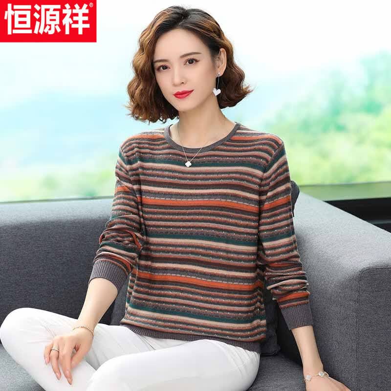 恒源祥女士春秋装长袖t宽松外穿上衣妈妈装时尚条纹针织衫薄款打底衫女 深灰 M 95-105斤高性价比高么？