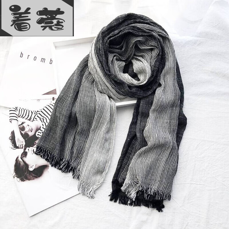 着蔻着蔻男士护脖子围巾纯色棉麻围巾日式条纹渐层围巾夏季百搭男女