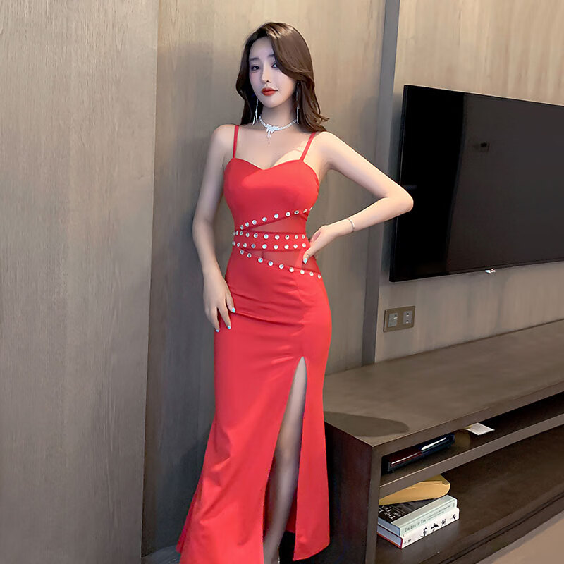 展缘晚礼服长裙气质性感v领网纱拼接长款抹胸吊带连衣裙子 红色 s