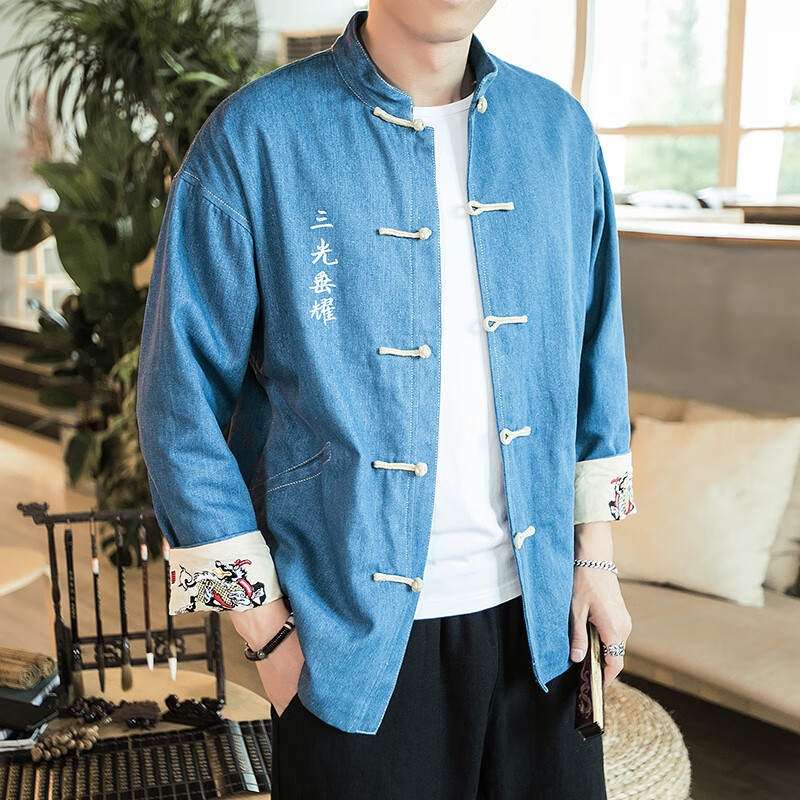 保弘思蓝色牛仔外套男春秋季新中式国风唐装重磅刺绣夹克盘扣大码