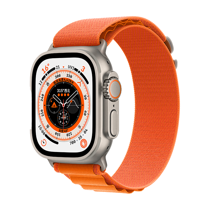 Apple【百亿补贴】Watch Ultra 智能手表 49mm 钛金属原色 钛金属表壳+橙色高山回环式表带中号【蜂窝款】 5195元