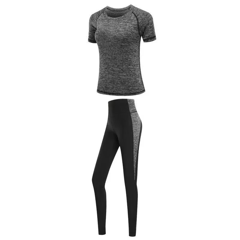 新款健身服套装女跑步显瘦速干衣瑜伽服时尚运动套装 灰色短袖 灰色