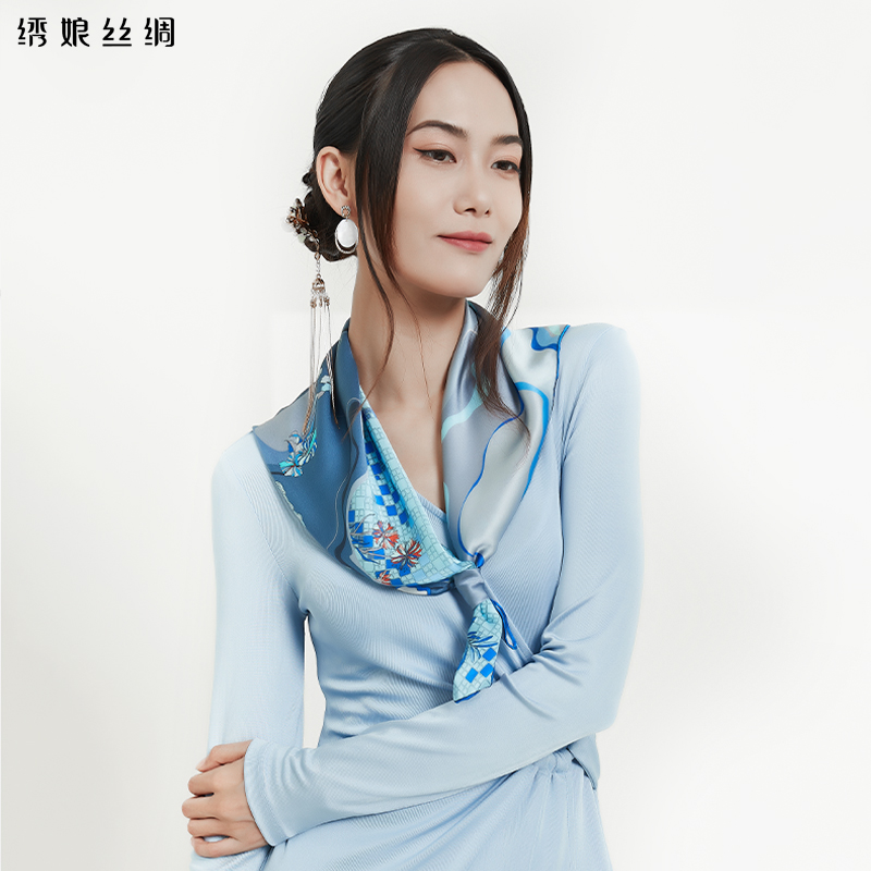 绣娘丝绸真丝丝巾新品小方巾春秋百搭70国风苏州 蓝色
