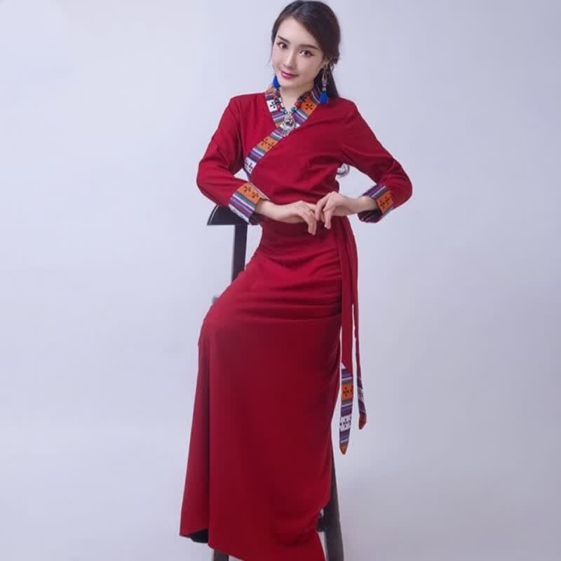 予瑾锅庄舞藏族服装女春款民族风连衣裙藏式西藏服藏装舞博拉藏袍 酒