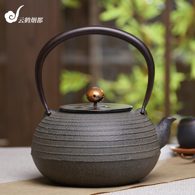 云鹤烟都 日本进口山形铸物清光堂手工铸铁铁壶平丸筋入铁瓶 1.2l