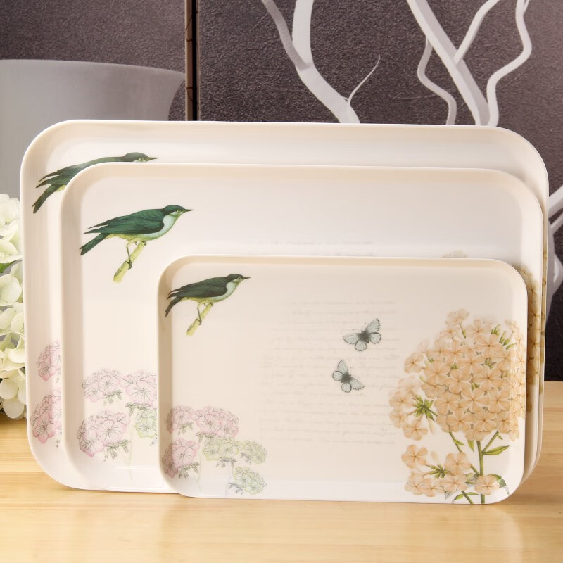 KORDCO 密胺托盘长方形创意水果盘欧式家用茶盘放水杯茶杯的托盘蛋糕盘 小鸟花色 大号 38*28cm