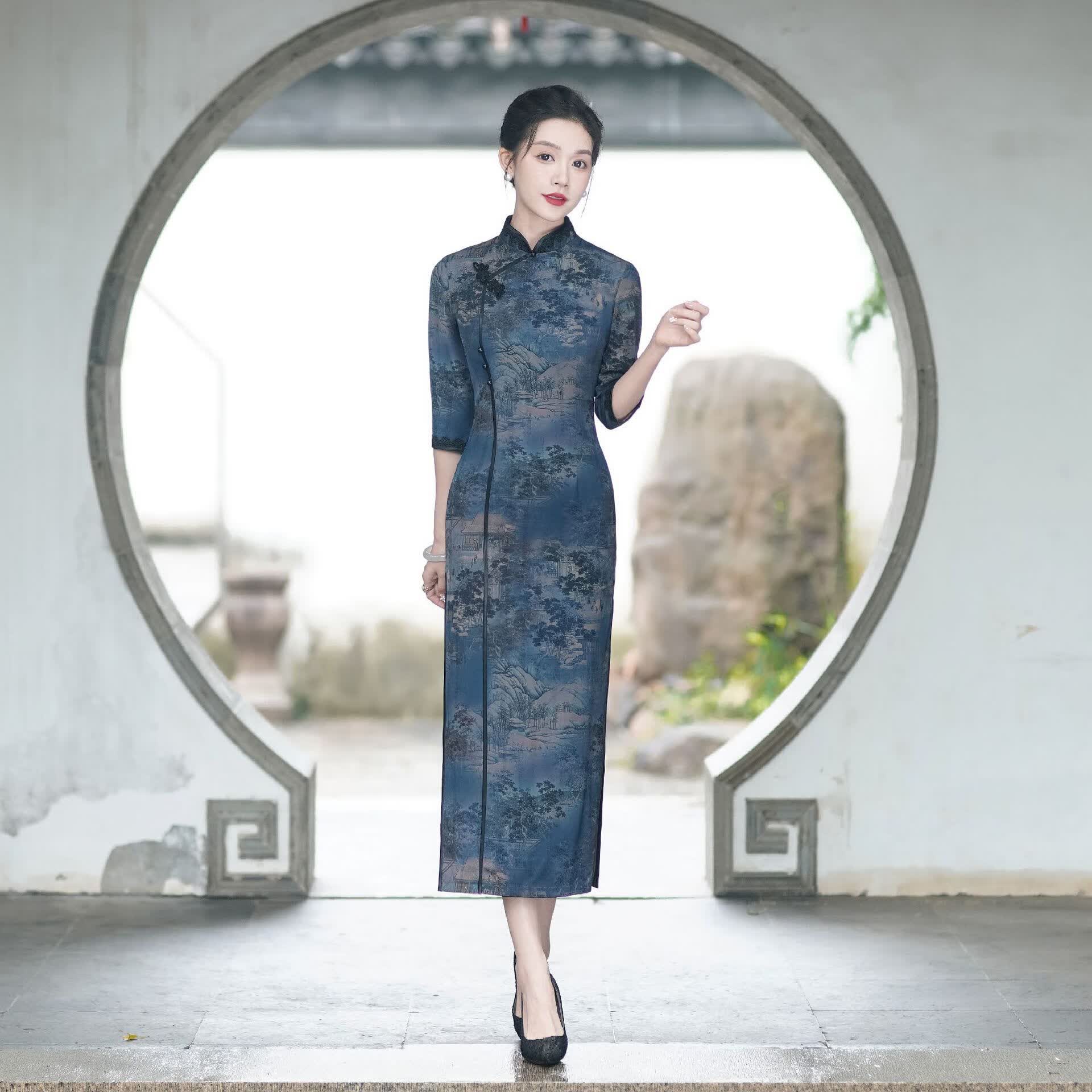 应否旗袍复古高贵中国风春秋新款修身时尚优雅日常七分袖改良旗袍裙 230816003山河图 4XL