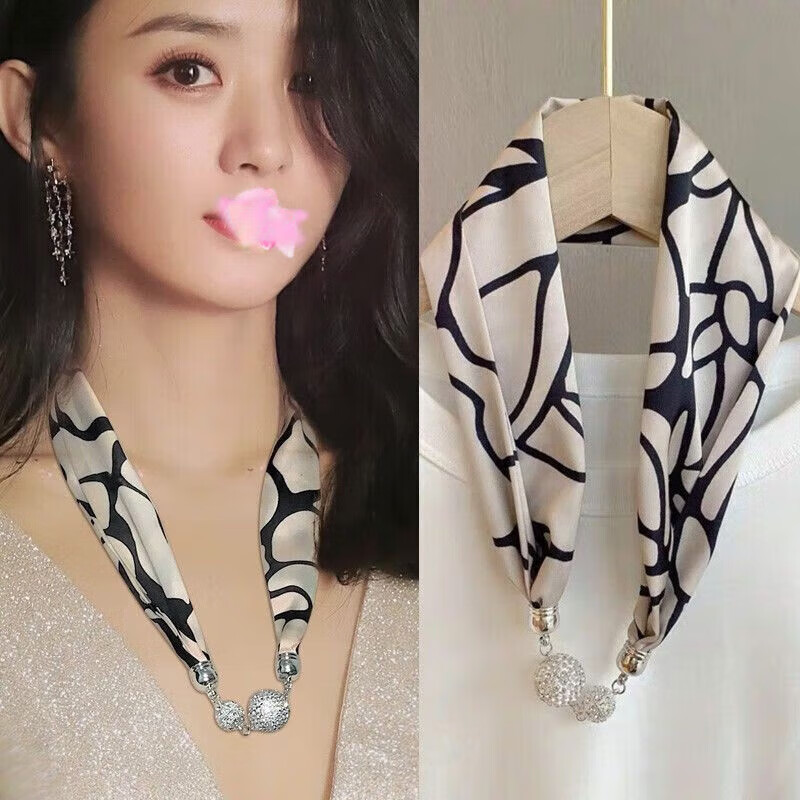 卡莱文磁扣丝巾项链发带感网红磁力扣手链小长条女春夏天护颈带 黑米