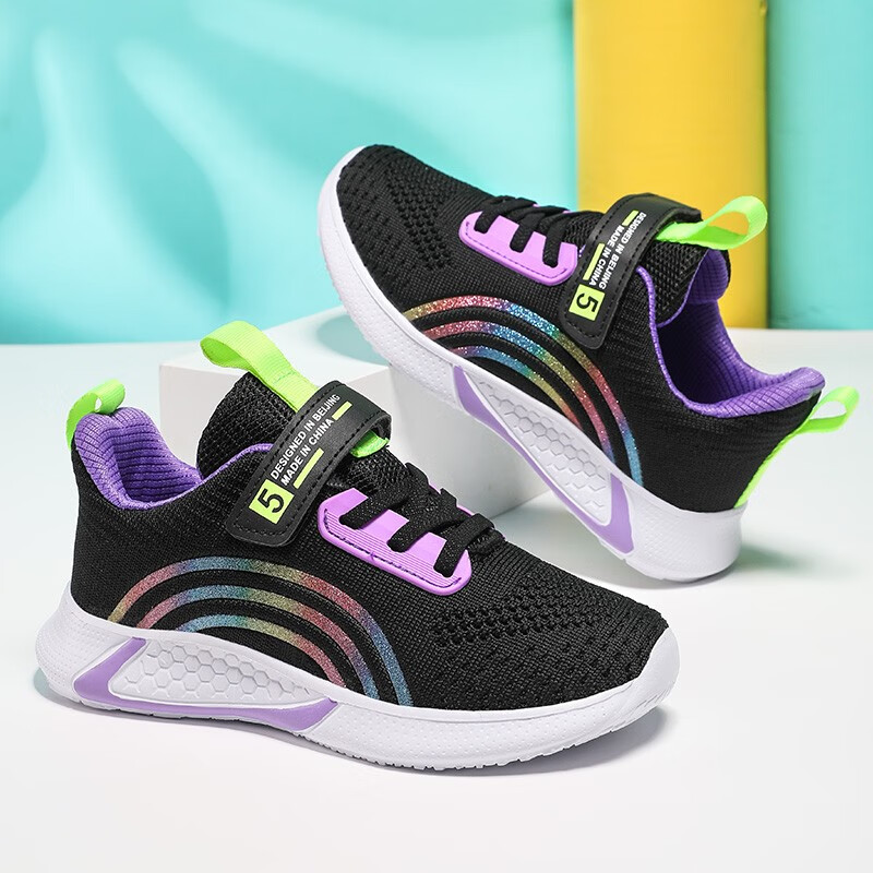 贝天熊儿童运动鞋女中大童跑鞋春秋季网面透气舒适透气女休闲鞋 BNM819黑紫【双网】 28 内长18.0/脚17.0