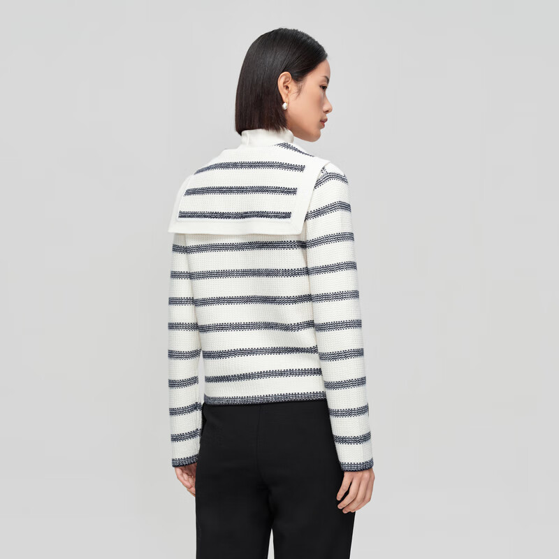 OVV秋冬热卖女装羊毛条纹法式浪漫海军领休闲长袖针织外套 藏青条纹A4 L