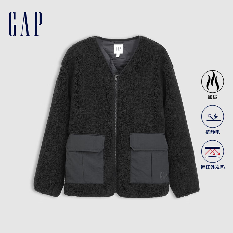 GAP男装logo拼接口袋仿羊羔绒外套保暖棉服680499 黑色 175/96A(L)亚洲尺码