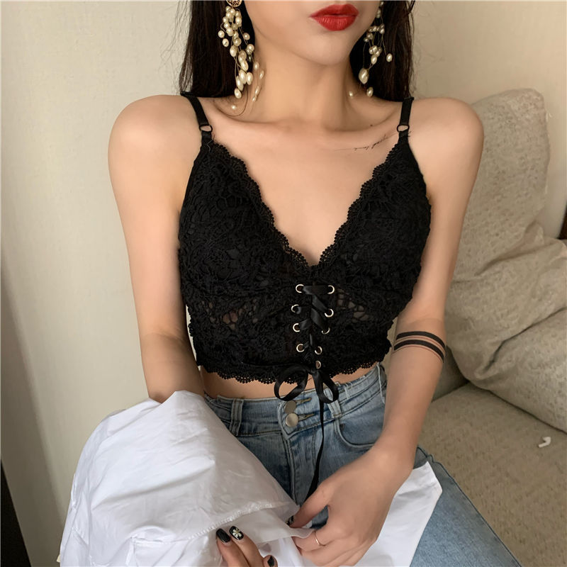 法式交叉低胸蕾丝吊带背心女内搭打底设计感外穿性感抹胸上衣 黑色