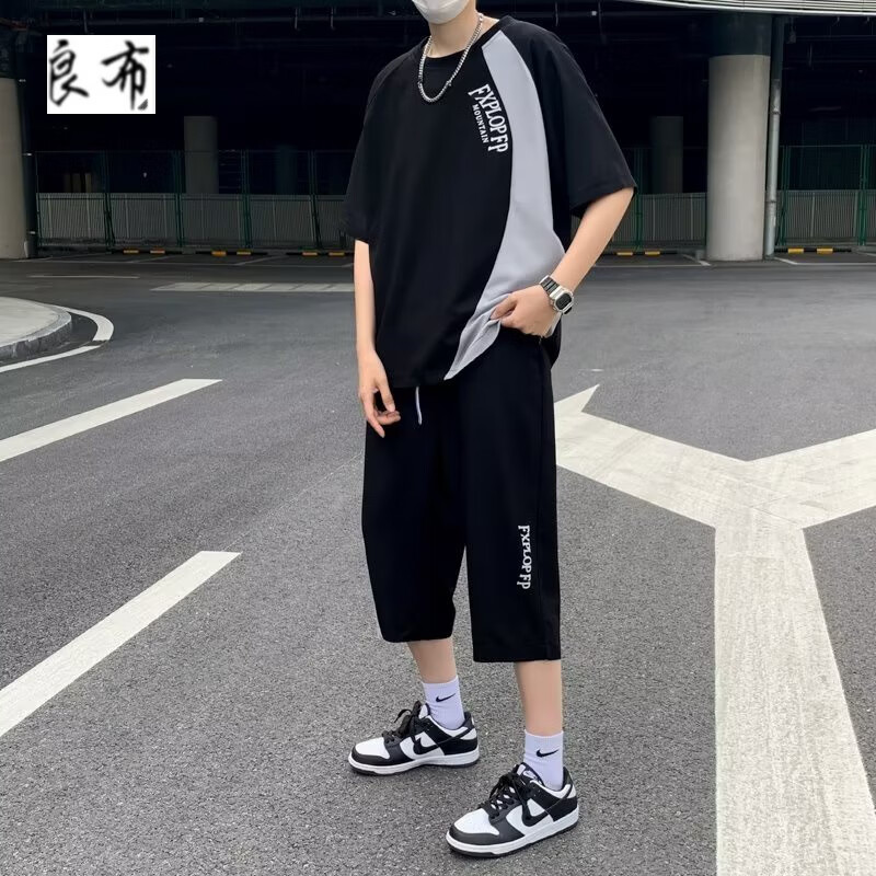 良布t恤男夏季套装男休闲运动七分裤搭配短袖夏天青年时尚全套衣服