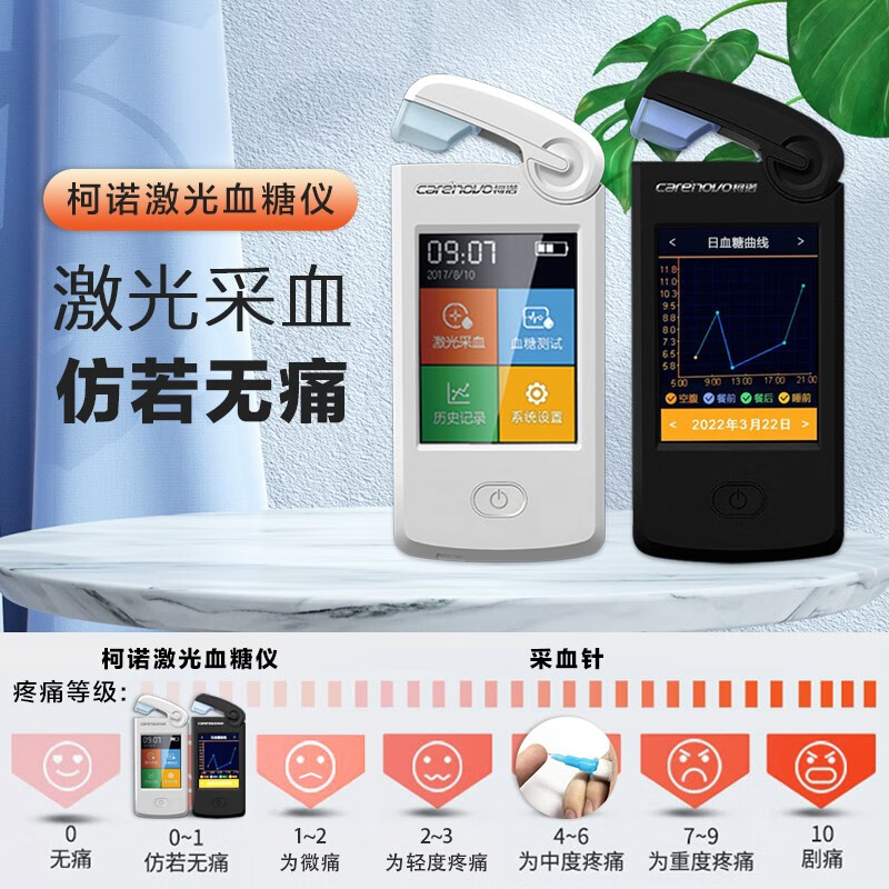 柯诺激光血糖仪家用医用免扎针微创微痛精准智血糖仪测血糖一体机 2.白色激光血糖仪配100试纸+防护帽
