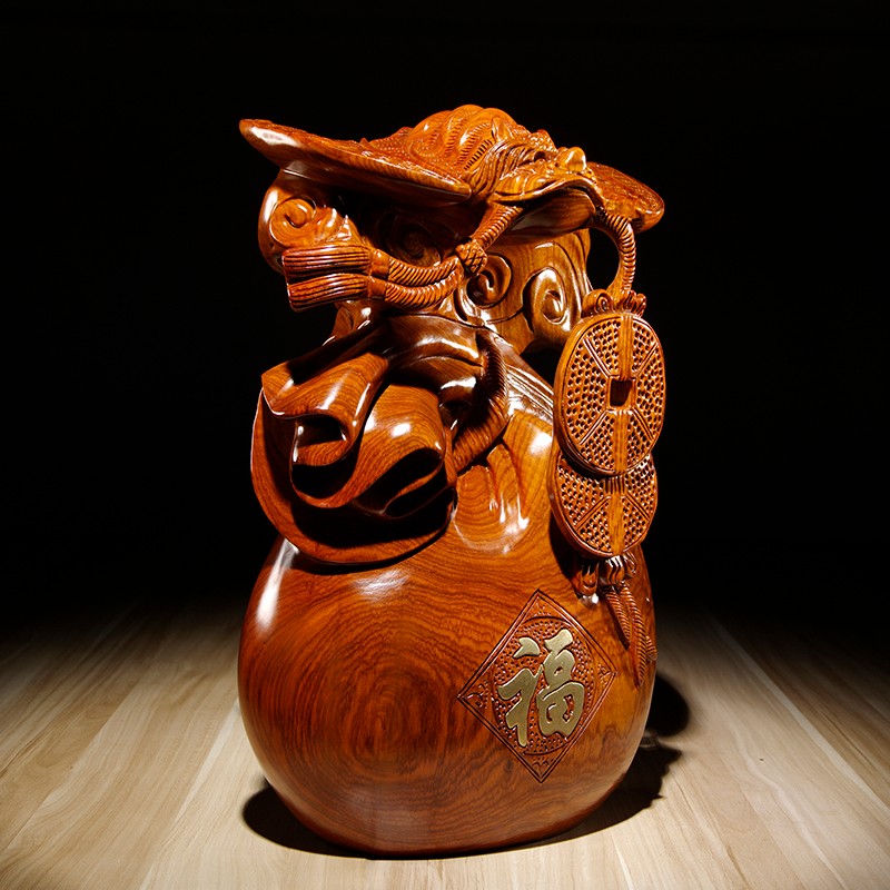仙将花梨木雕刻福袋铜钱摆件蝙蝠纳福家居客厅玄关酒柜装饰工艺品送礼
