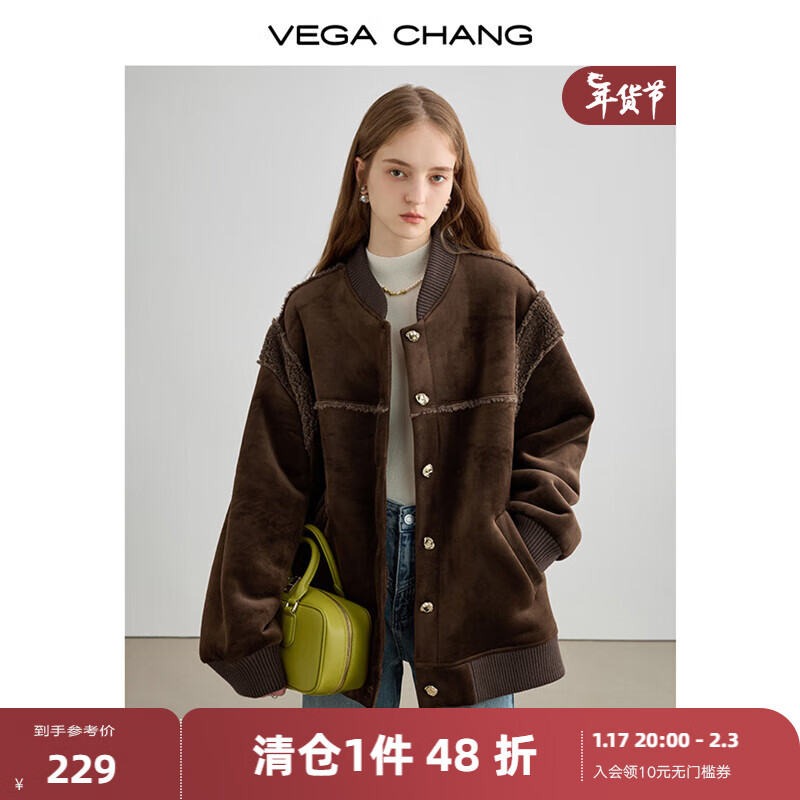 VEGA CHANG皮毛一体短外套女2023年秋冬新款宽松加厚麂皮绒大衣 焦糖咖 L