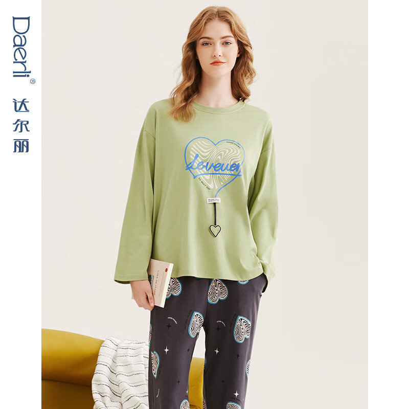 达尔丽睡衣女新款春秋款纯棉长袖爱心印花薄款家居服甜美可外穿套装 T8235250-019-绿色 L