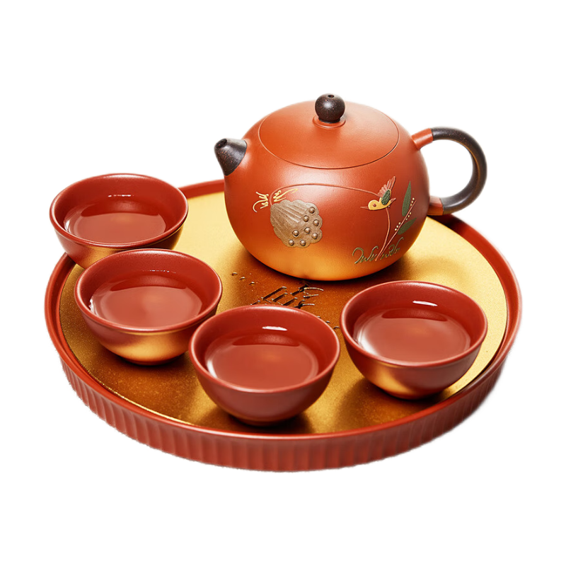 尊壺紫砂壺茶具套裝帶茶盤整套茶具 泥繪西施壺一壺4杯帶茶盤