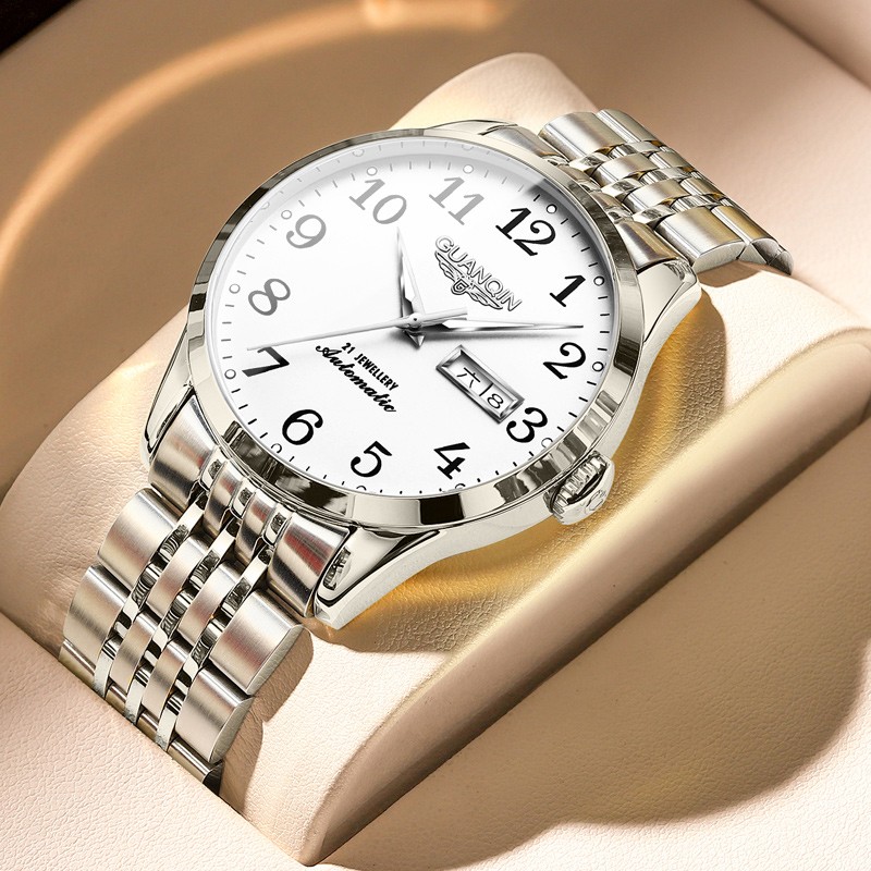 冠琴（GUANQIN） 手表男全自动机械表瑞士品质数字男腕表夜光防水男表送老公礼物 数字版-本色白面