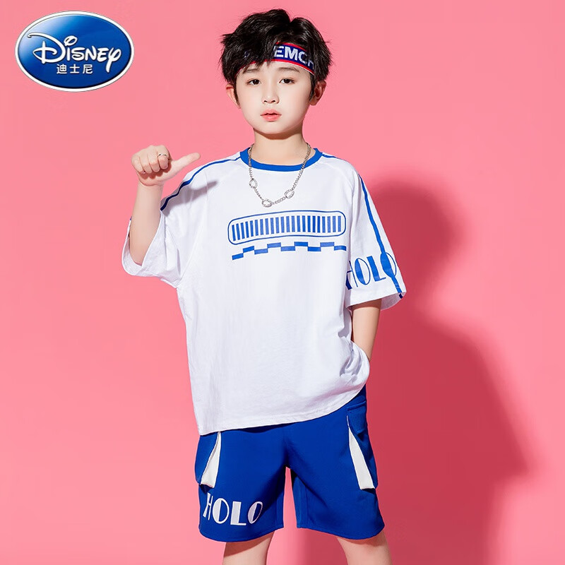 迪士尼（Disney）六一儿童演出服啦啦操爵士舞夏季hiphop嘻哈炸街街舞春节演出服潮 9733男白衣+蓝裤 130cm