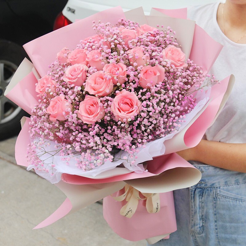 19朵红玫瑰混搭花束同城配送送女友生日礼物 19朵粉玫瑰-粉色满天星