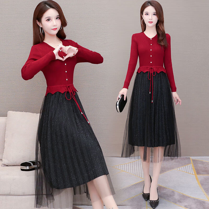 内搭网纱连衣裙女2022春秋新款气质修身显瘦针织拼接中长款长袖百褶裙