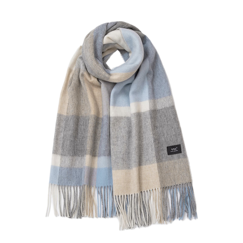 VVC纯羊毛围巾女冬季格纹小披肩围巾保暖围脖送妈妈七夕礼物 蓝灰格（200cmX70cm）