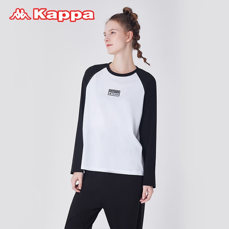 KAPPA卡帕女士睡衣女棉长袖套装时尚拼接套头大码宽松外出家居服女 黑白 L 建议(105-120斤)