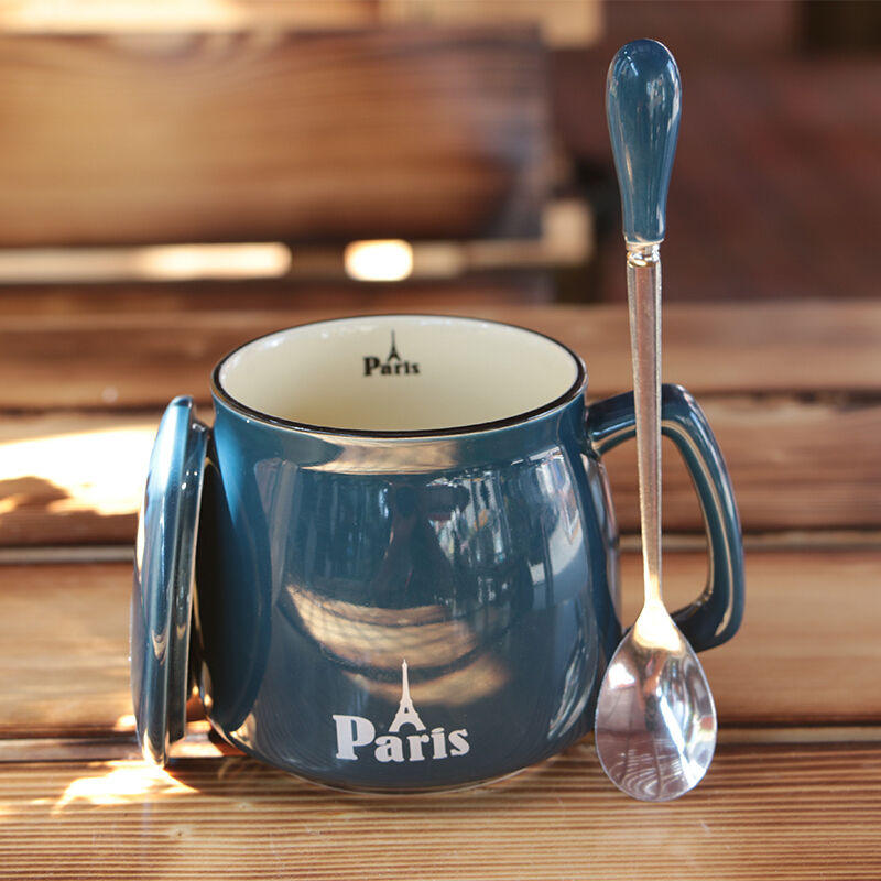 开瑶 北欧杯子陶瓷杯子创意陶瓷水杯男生简约可爱马克杯牛奶杯带盖勺咖啡杯 宝蓝色 早餐杯带盖勺